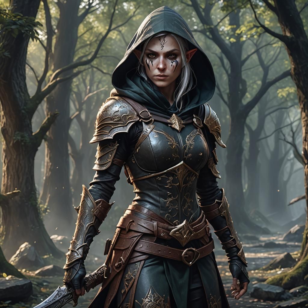 Female Elf Assassin in Dark Leather Armor