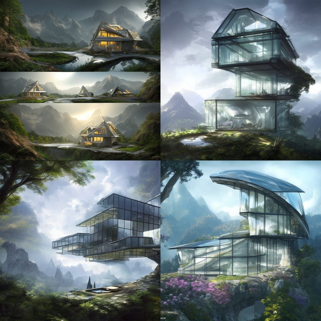 Asymmetrical Glass Mansion on Mountaintop, Sci-Fi Art