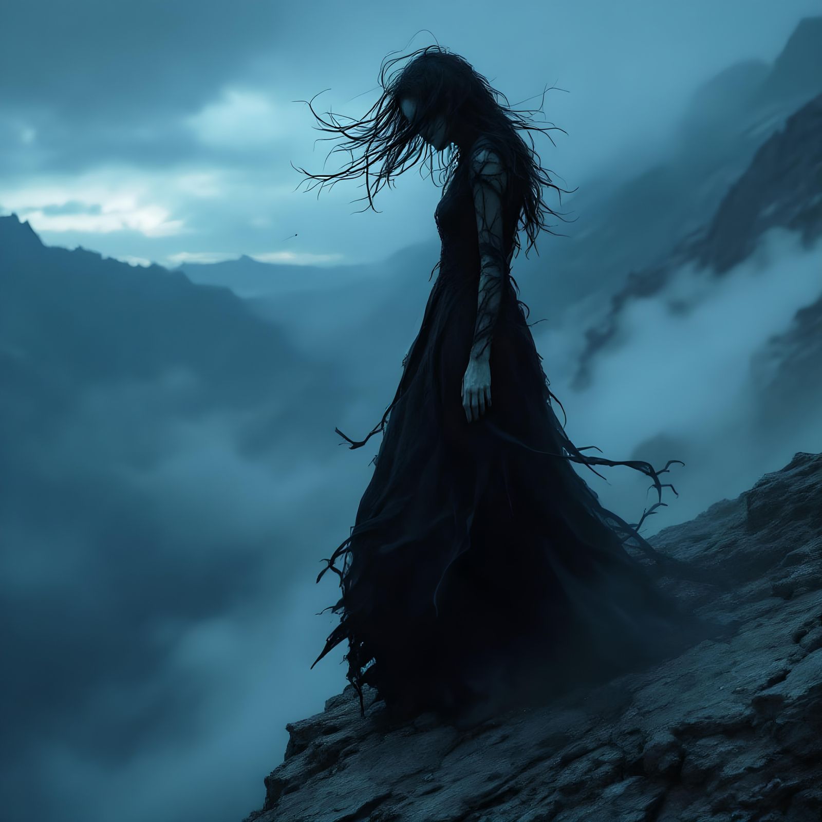 Woman Falling into Eternal Abyss in Blue Tones