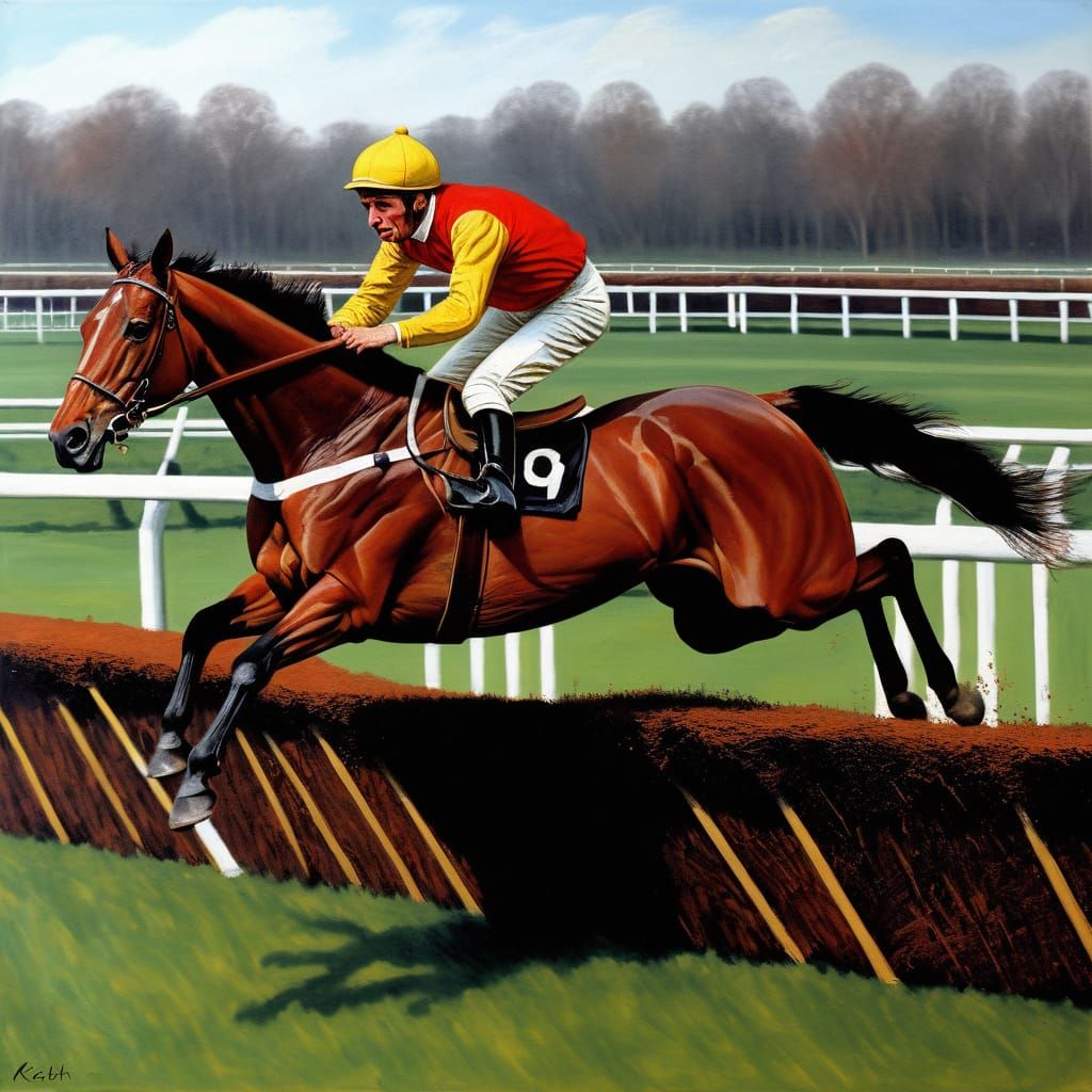 Red Rum Leaps Beecher's Brook in a Vibrant Oil Painting
