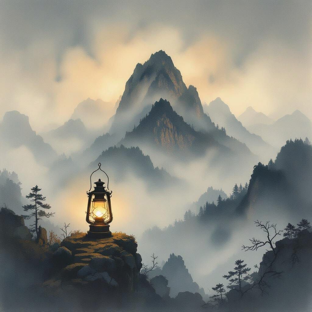Ancient Mountain Peak with Glowing Lantern in Dreamlike Wate...