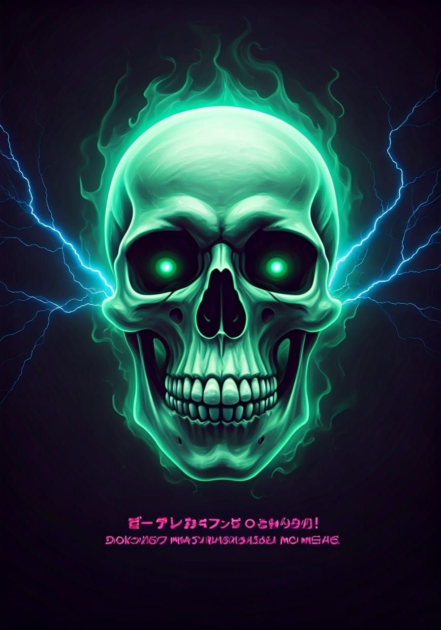 Ethereal Green Skull with Japanese Text in Dark Fantasy