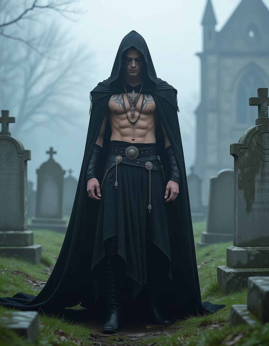 Ethereal Warrior in Misty Gothic Cemetery