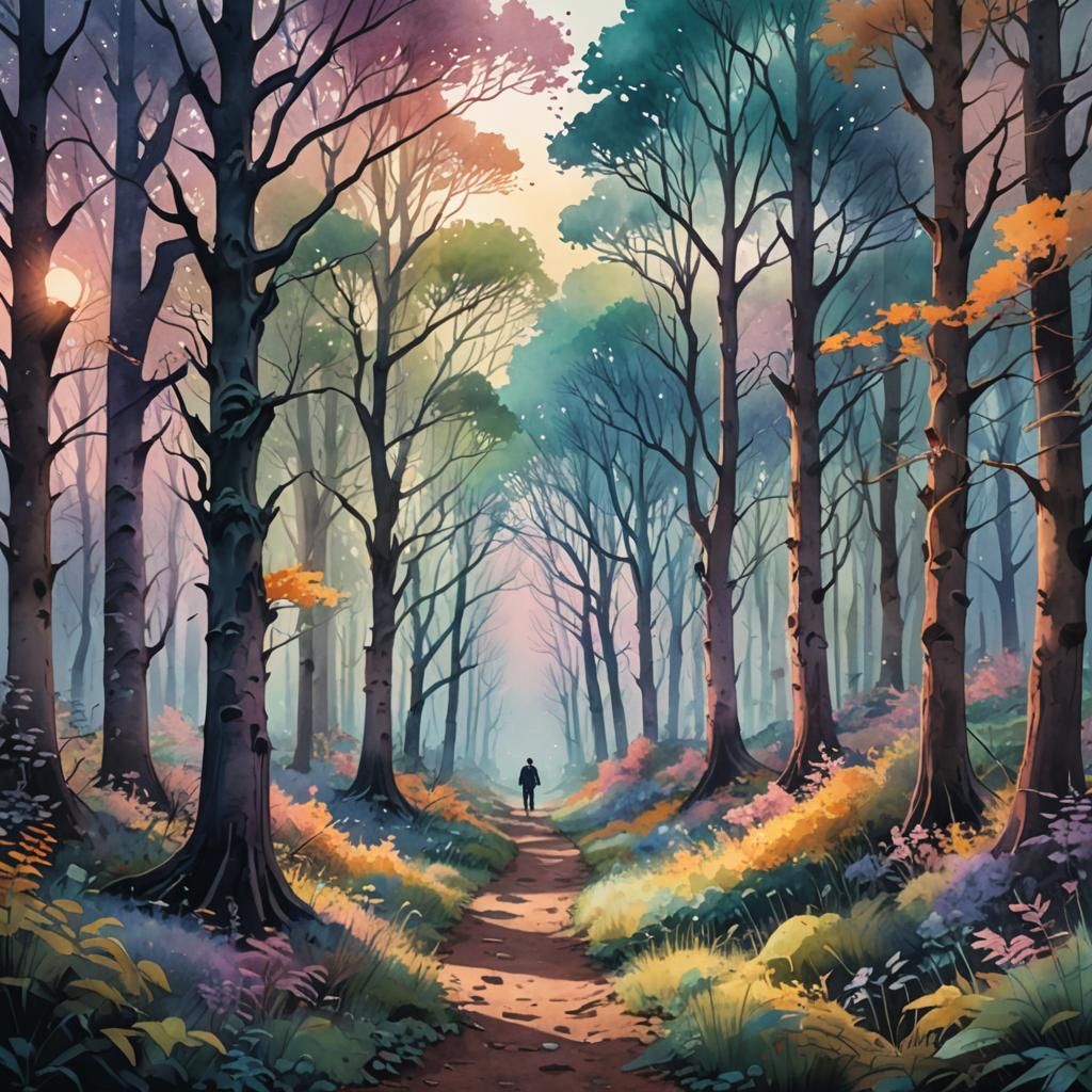 Pastel Forest Twilight in Watercolor Style