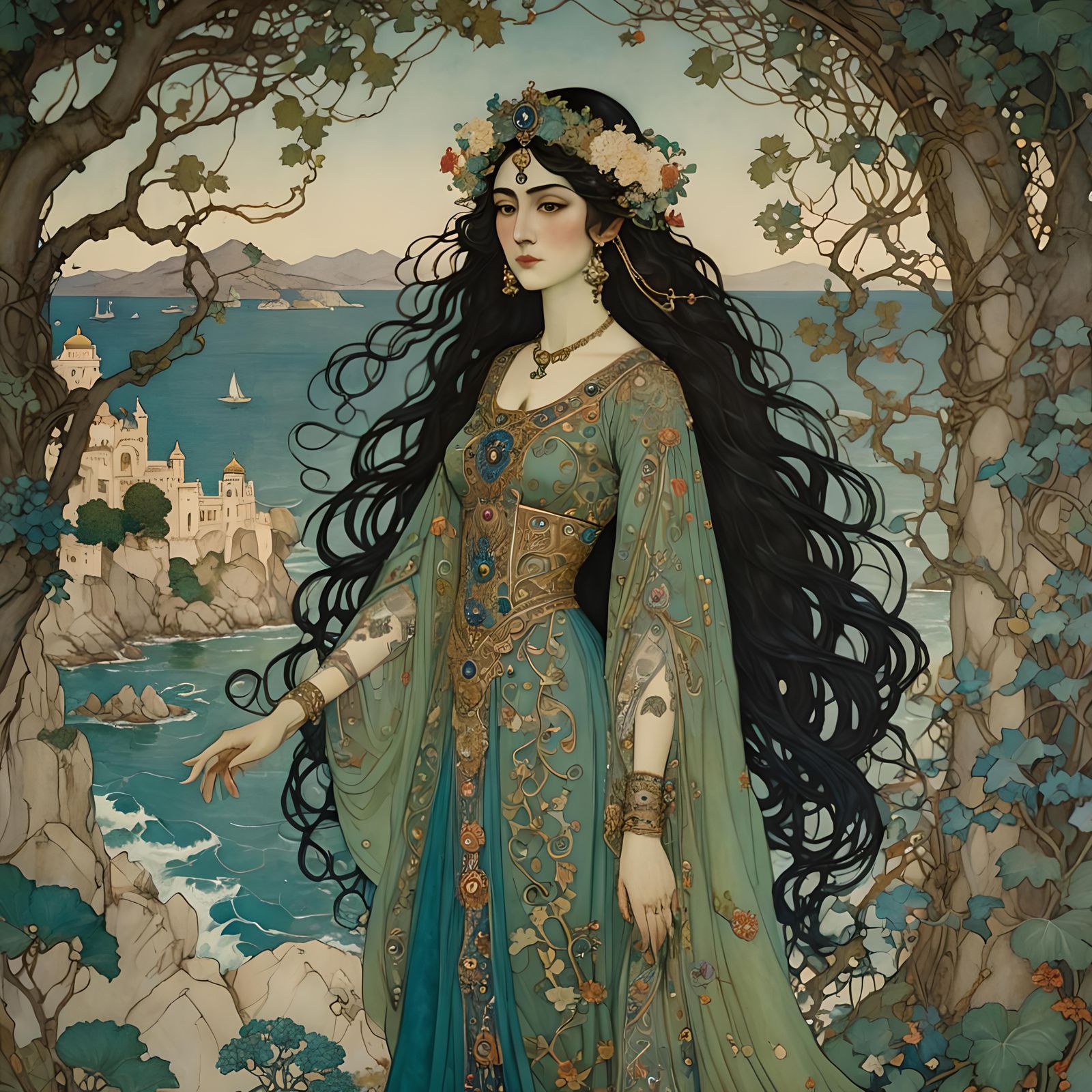 Portrait of Setareh, Persian Fairy Queen in Art Nouveau Styl...