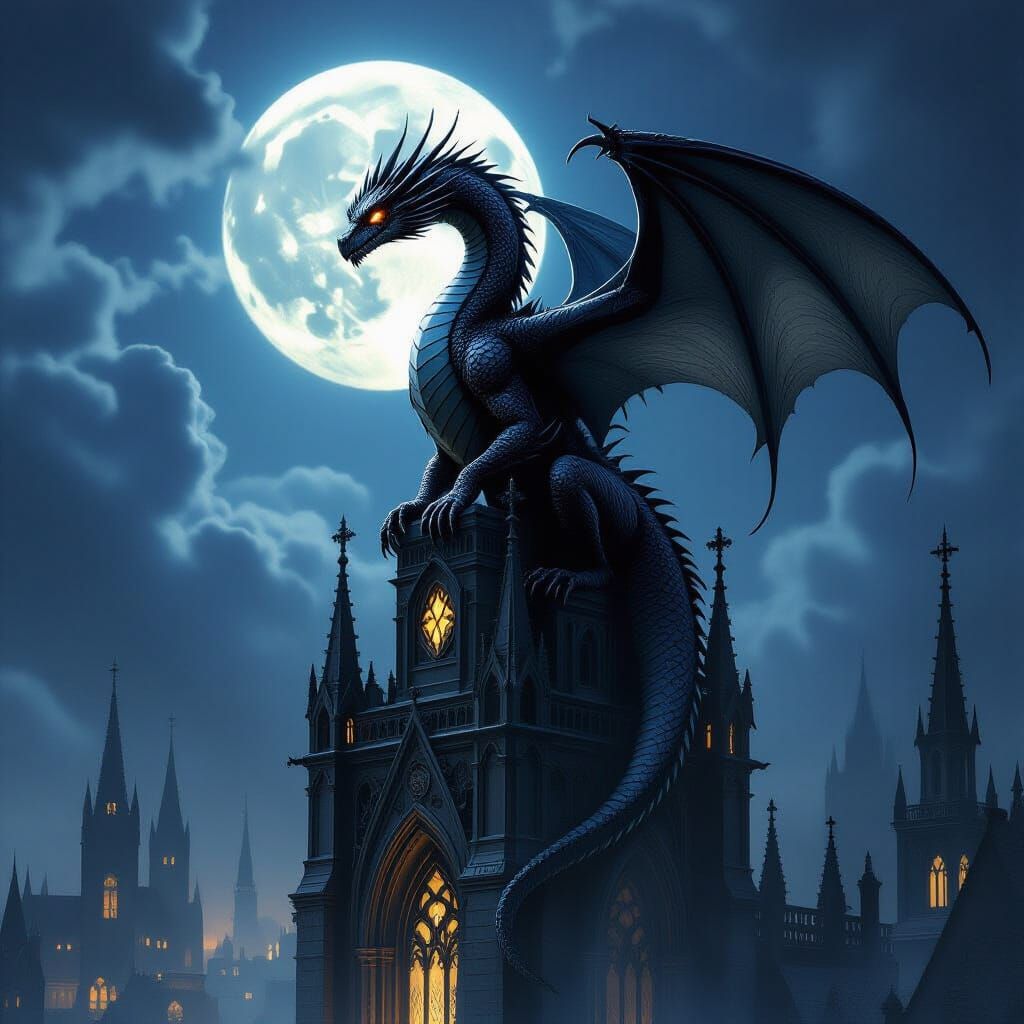 Ancient Dragon on Gothic Cathedral in Ethereal Moonlight