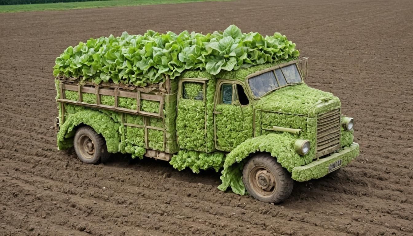 a truck entirely made out of lettuce