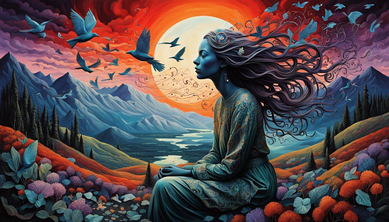 Surreal Landscape with Bio-Luminescent Creatures in Sunset