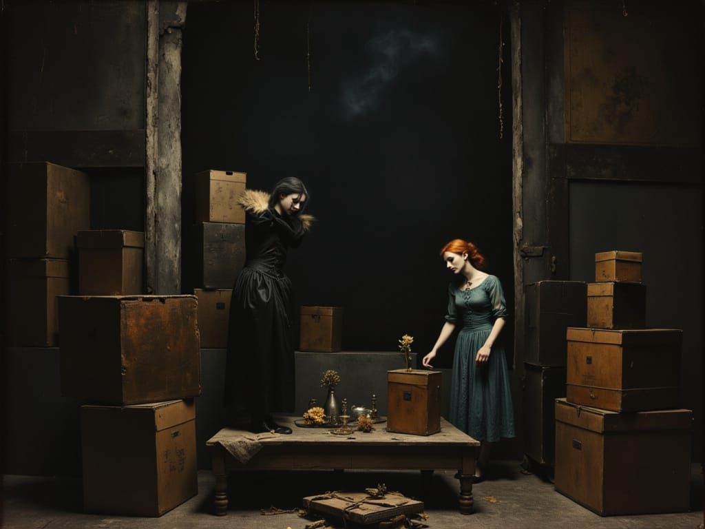 Figures Stare at Boxes in Dark Room