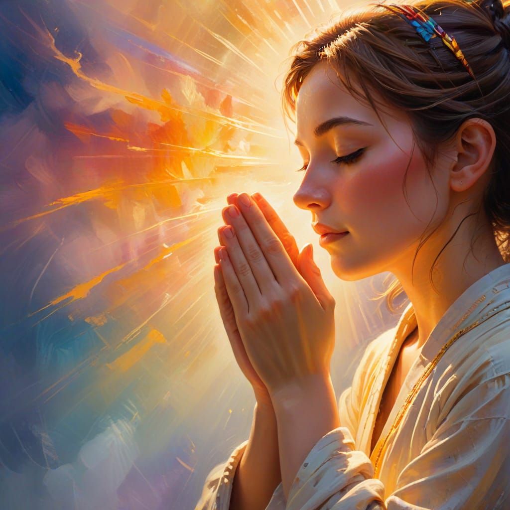 Inspirational Oil Painting of Praying Person in Golden Light