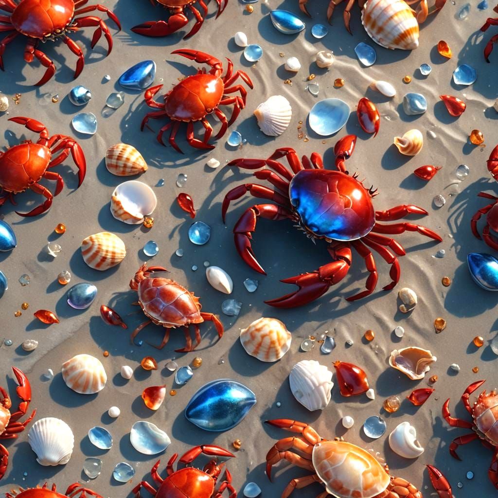Red Crab and Prawn Battle on Blue Ocean Beach