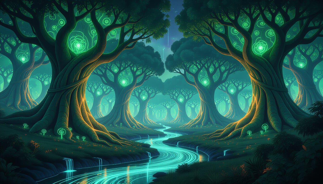 Surreal Anime-Cyber Forest with Liquid Light Rivers