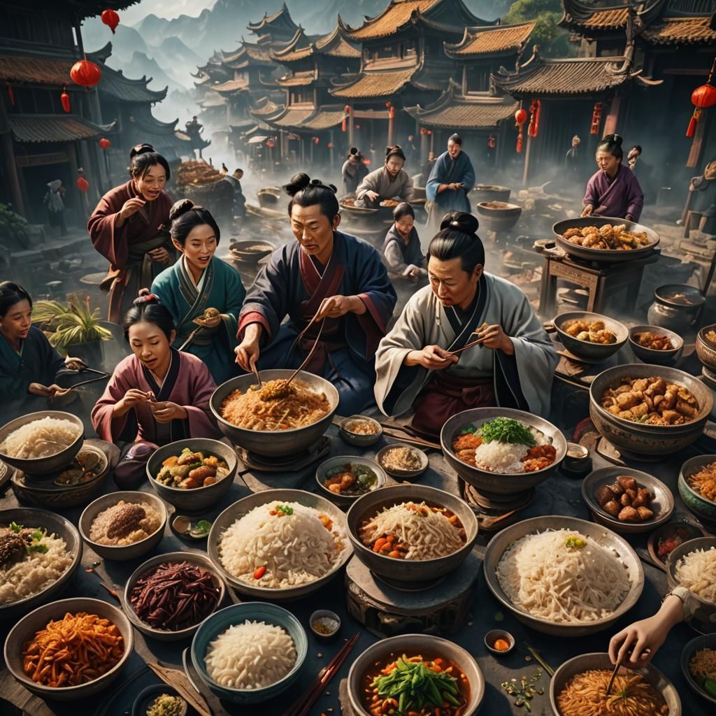 Chinese People Eating Rice: Detailed Matte Painting
