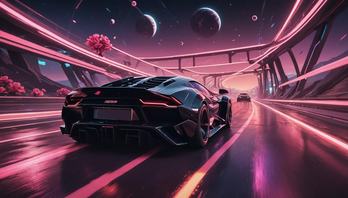 Futuristic Supercar Speeds Down Neon Space Road