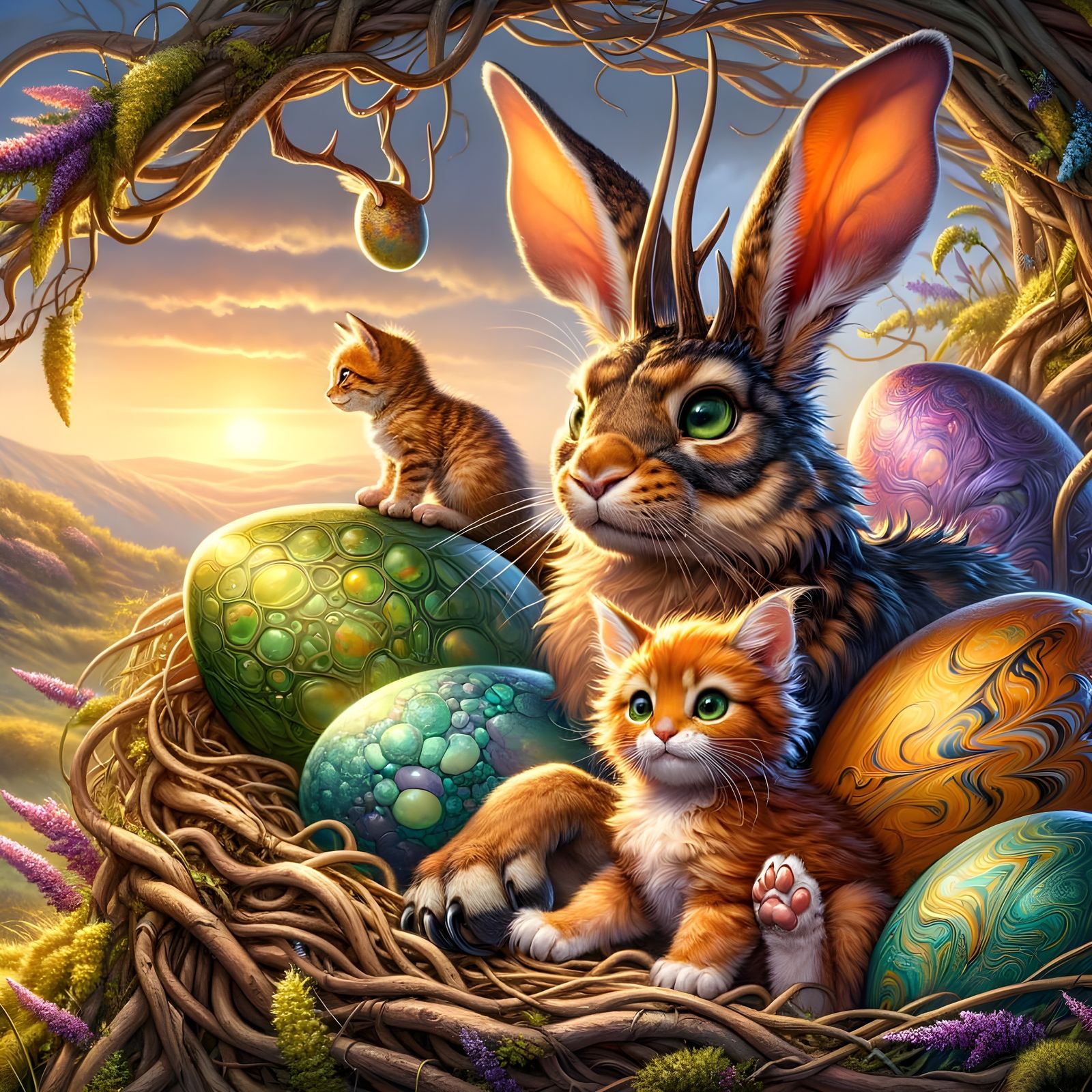 Fantasy Jackalope Family in Whimsical Nest