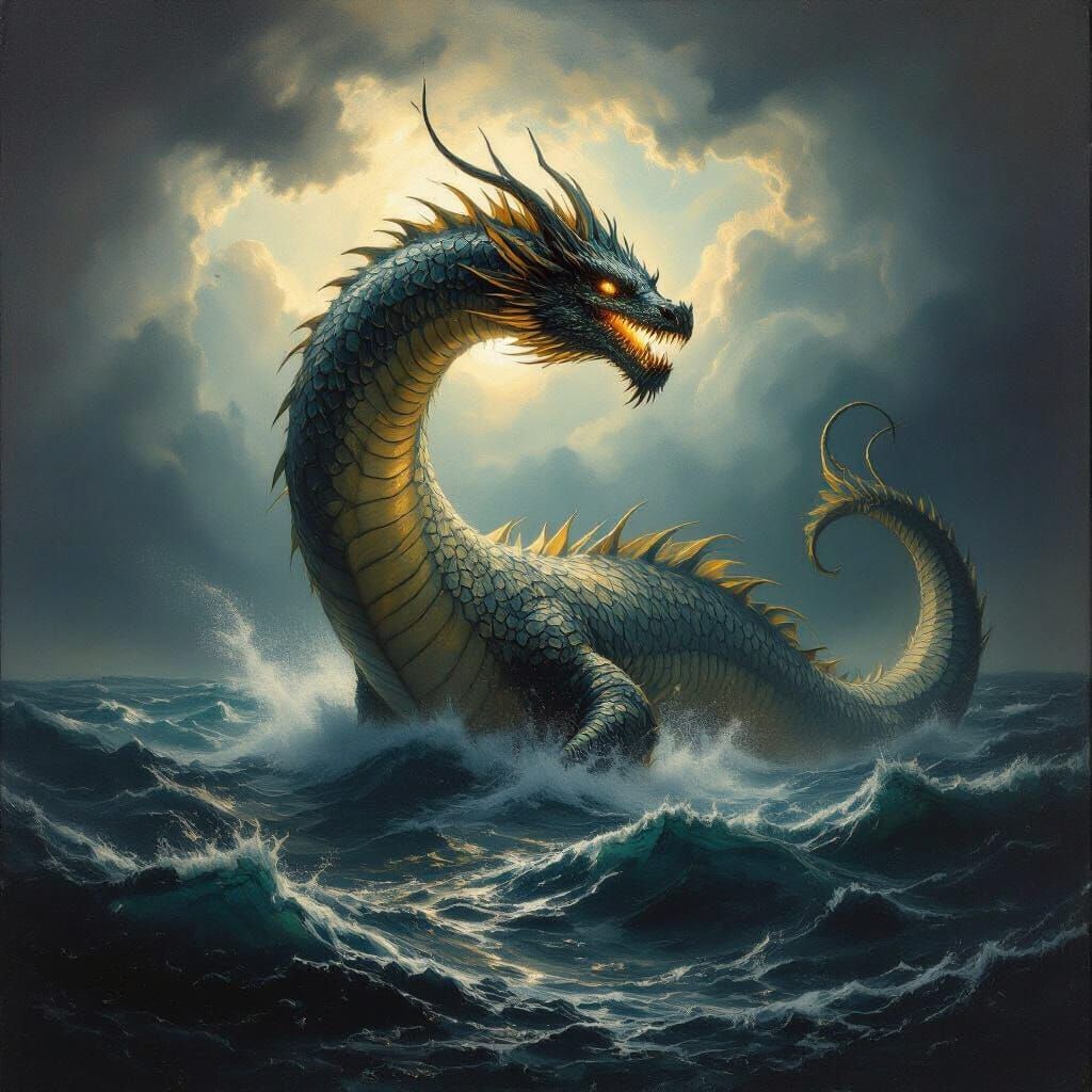 Leviathan Emerges from the Deep: Classical Oil Painting