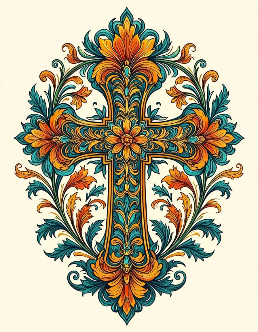 Ornate Floral Cross in Vibrant Turquoise, Orange, and Yellow