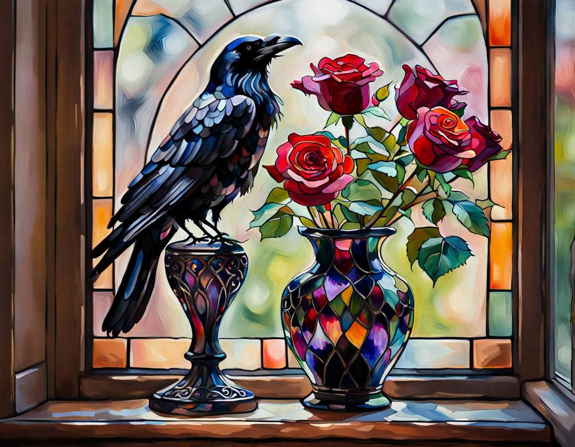 Impressionistic Stained Glass Vase with Raven and Roses