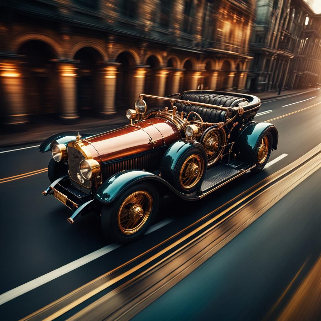 Steampunk Car Speeding: Aerial View, Hyperrealistic Detail