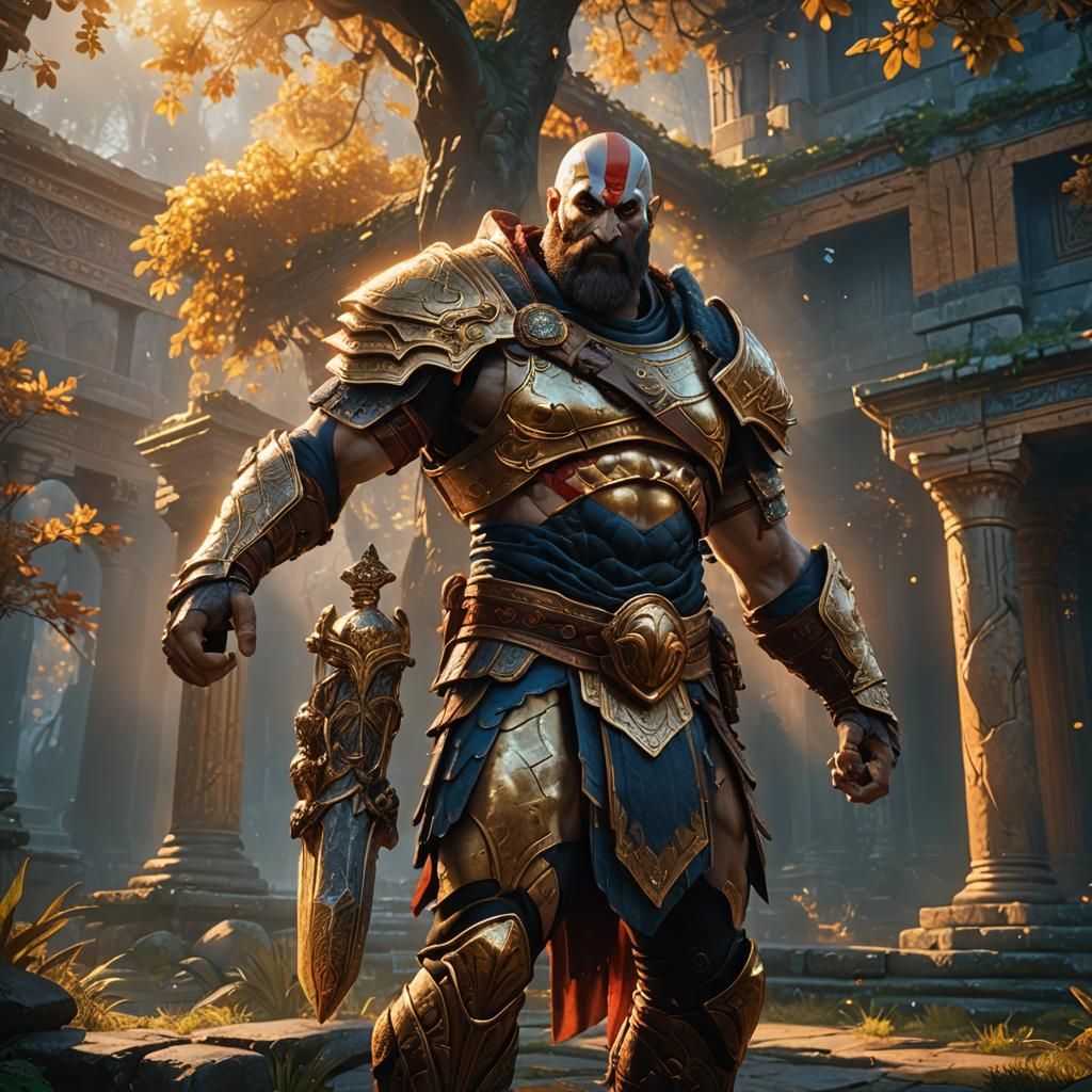 Kratos in Glistening Golden Armor: Fantasy Concept Art