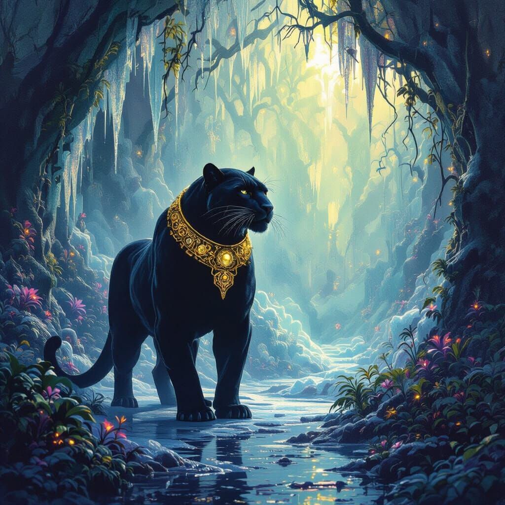 Majestic Black Panther in Bioluminescent Ice Forest