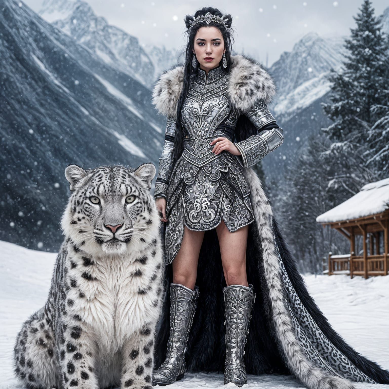 Warrior Princess with Snow Leopards in Snowy Landscape