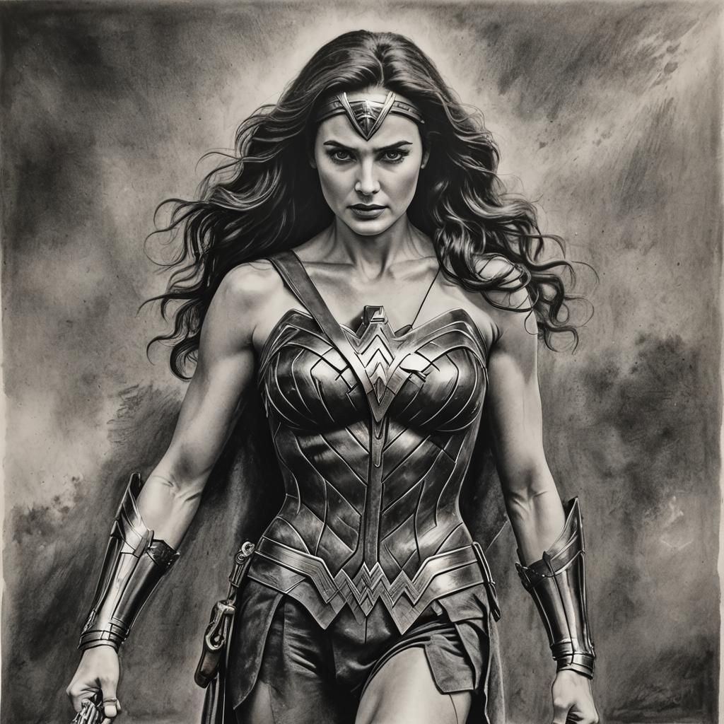 Hyperdetailed Charcoal Drawing of Wonder Woman