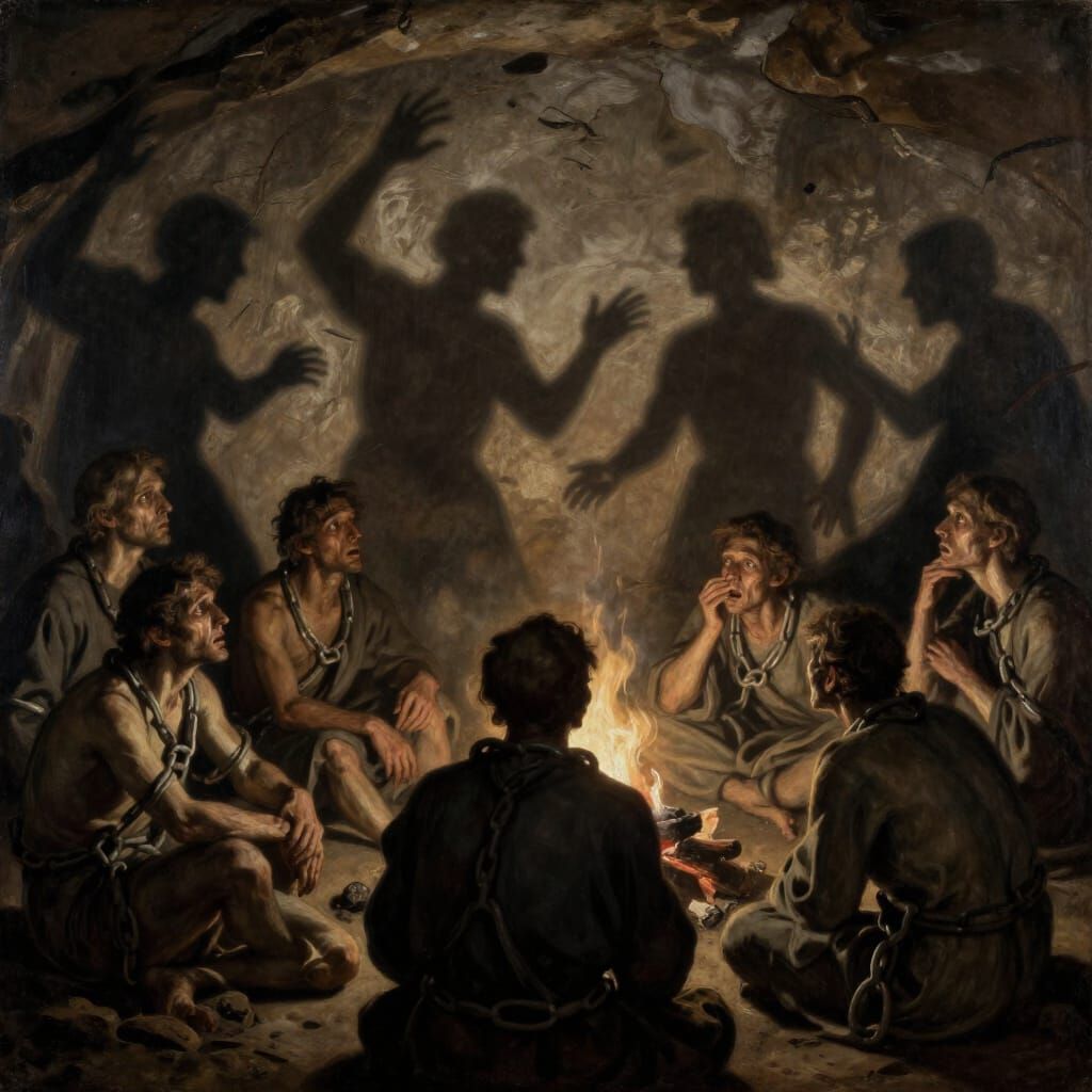 Chained Figures Watch Shadows in Dark Allegorical Cave