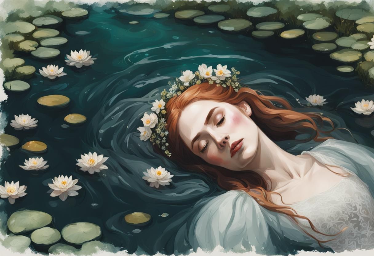Ophelia Floating in a Flower-Filled Stream