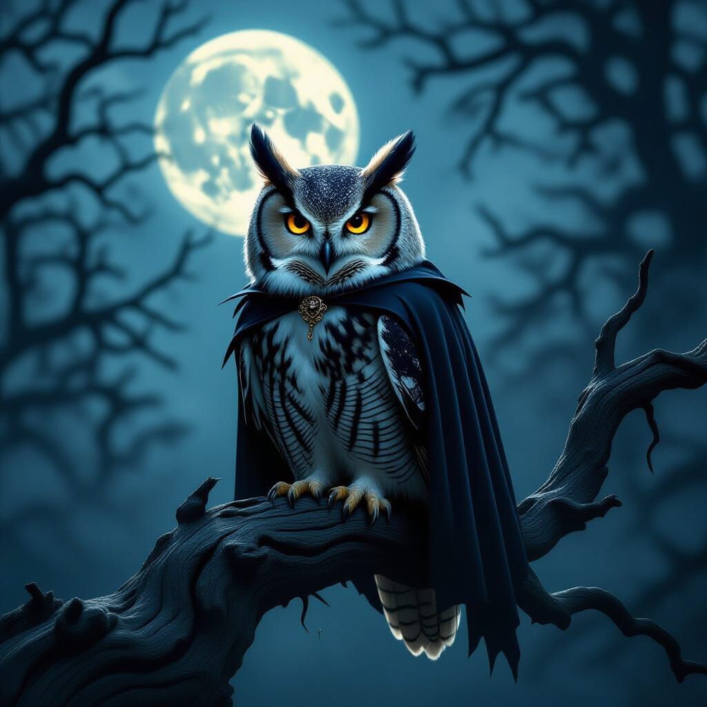 Gothic Owl Vampire in Moonlit Haunted Forest