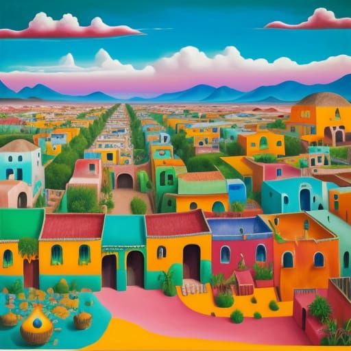 Surreal Mexican Village Dreamscape in Oil Painting Style