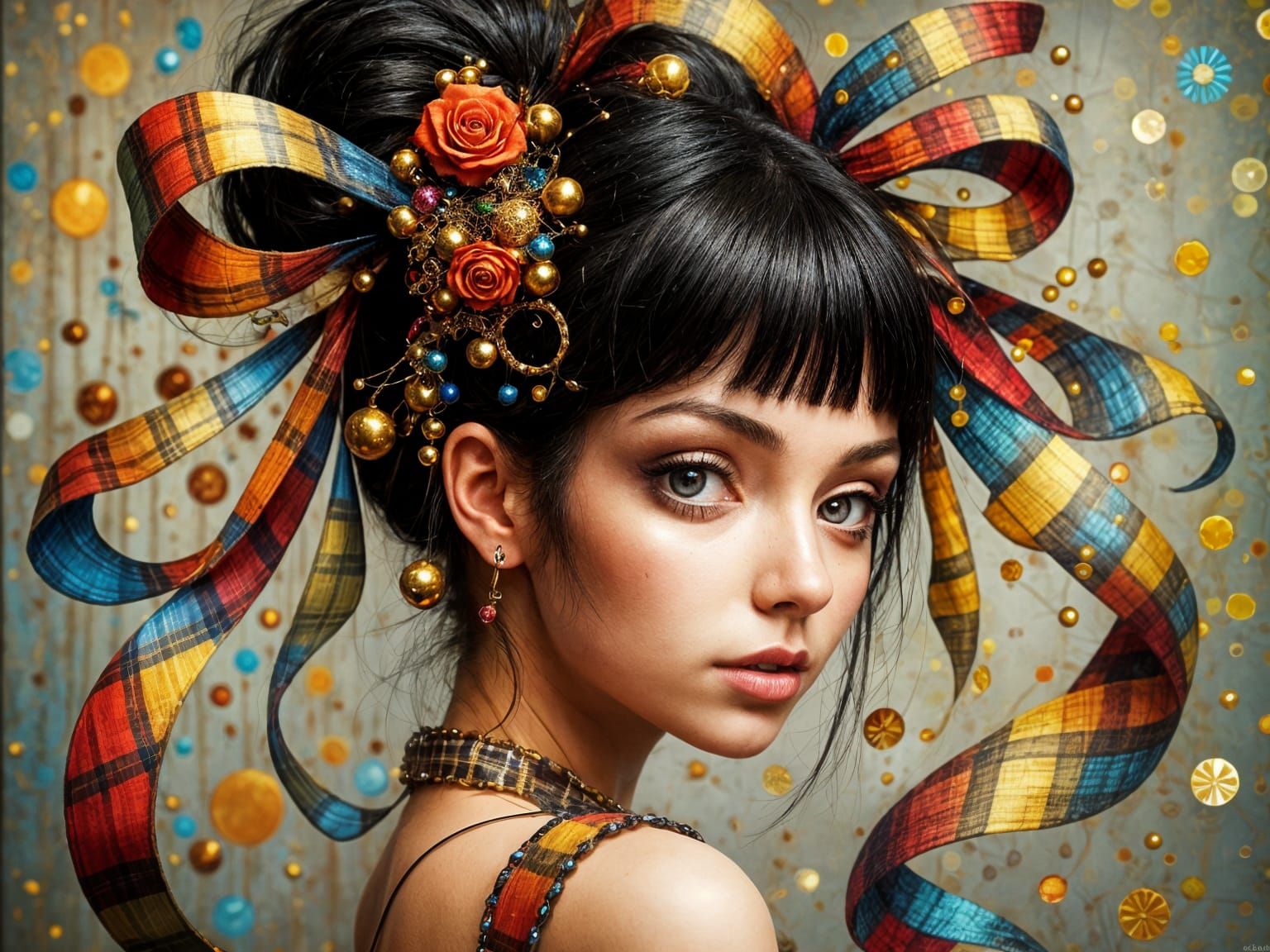 Elegant Woman with Flowing Ribbon Hair in Hyperrealistic Por...