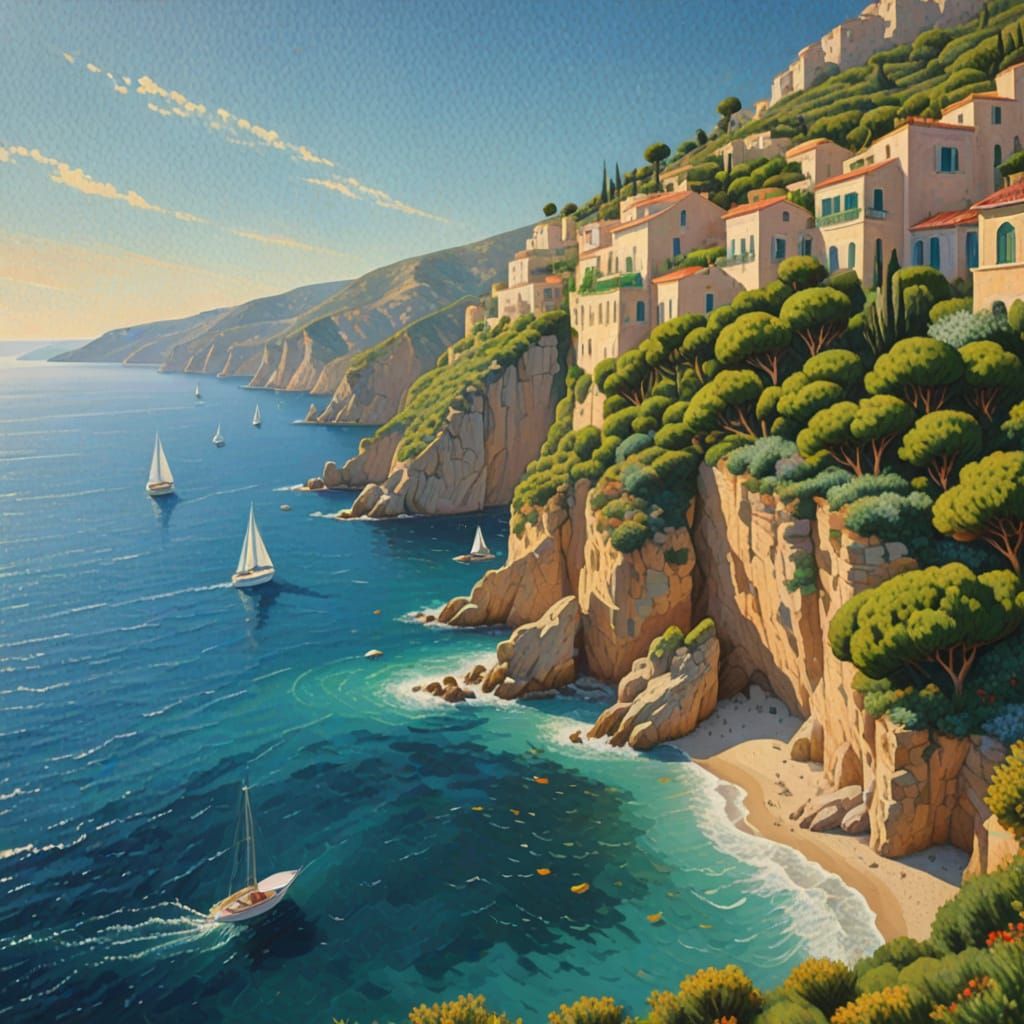 Vivid Pointillist Mediterranean Coastal Scene