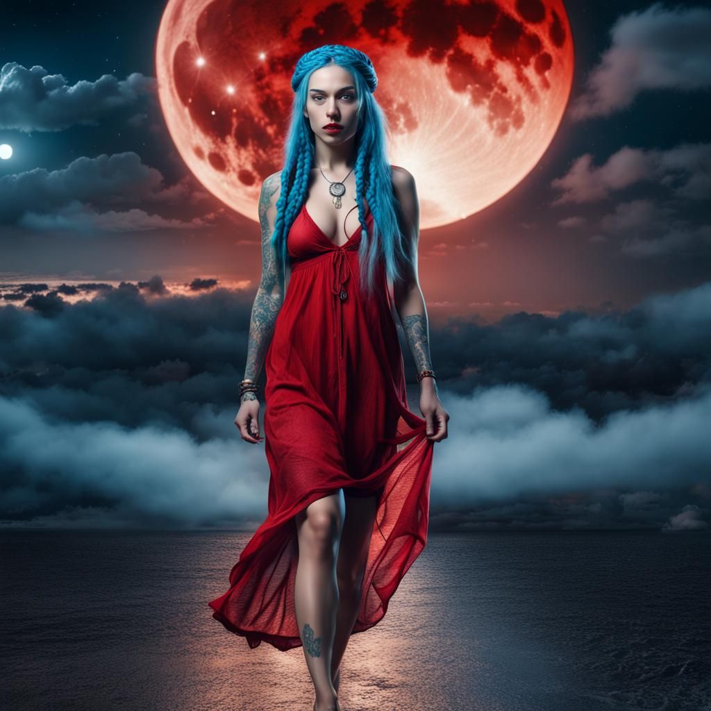 Tattooed Woman with Braids Walks on Clouds