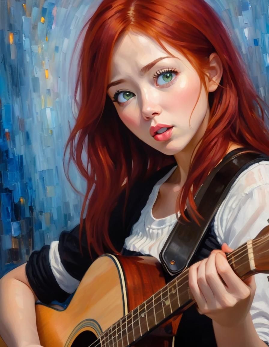 Emotional Portrait of a Japanese Woman Playing Guitar as Imp...