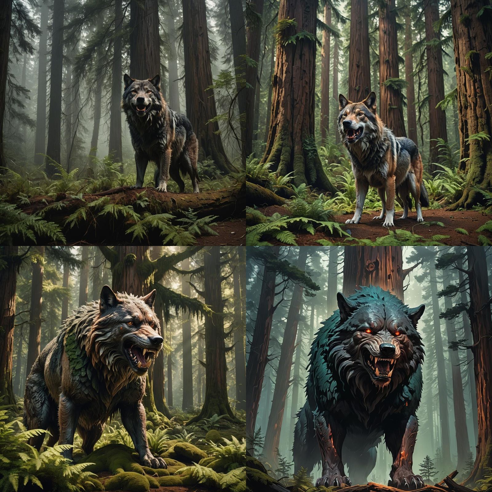 Glowing Wolf Emerges from Redwood Tree