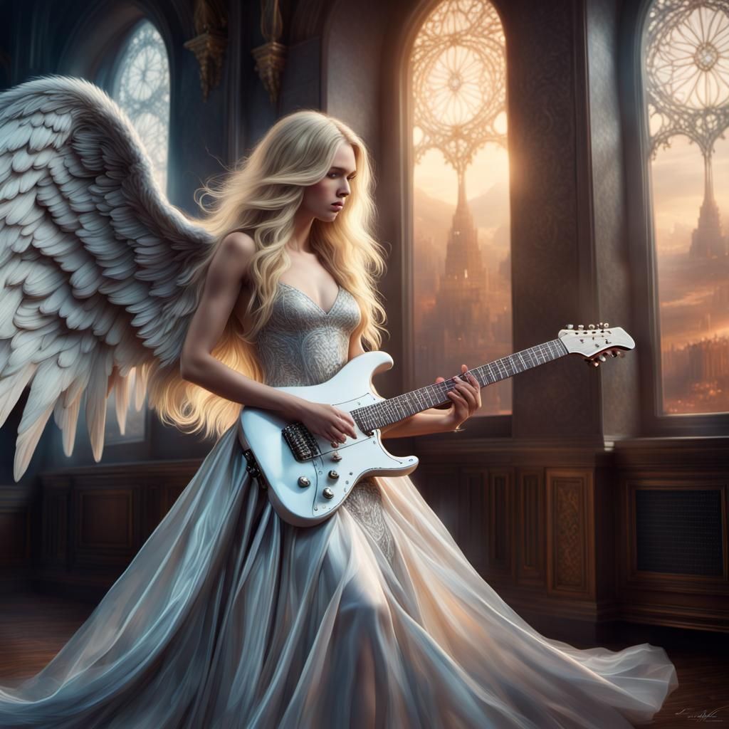 Angel Shreds Guitar in Platinum Gown: Digital Painting