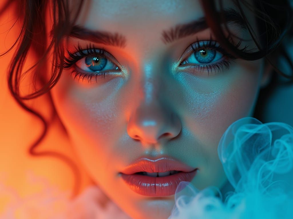 Hypnotic Gaze: Surreal Portrait in Light Salmon and Cyan
