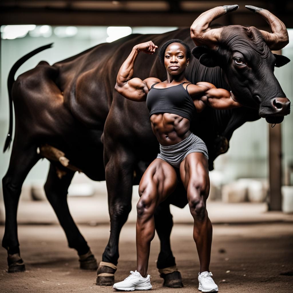Stout African Lady Bodybuilder Workout with a Bull