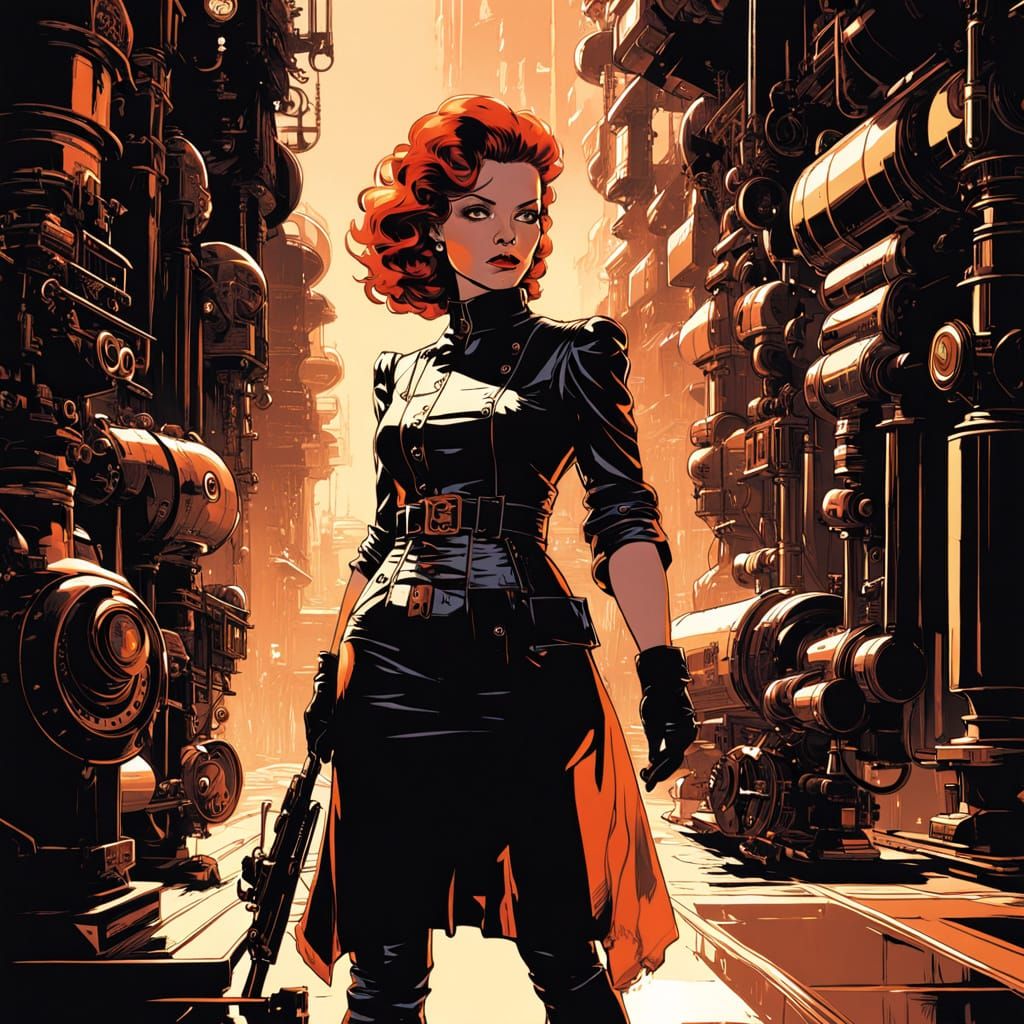 Steampunk Woman in Noir Style with Red Hair
