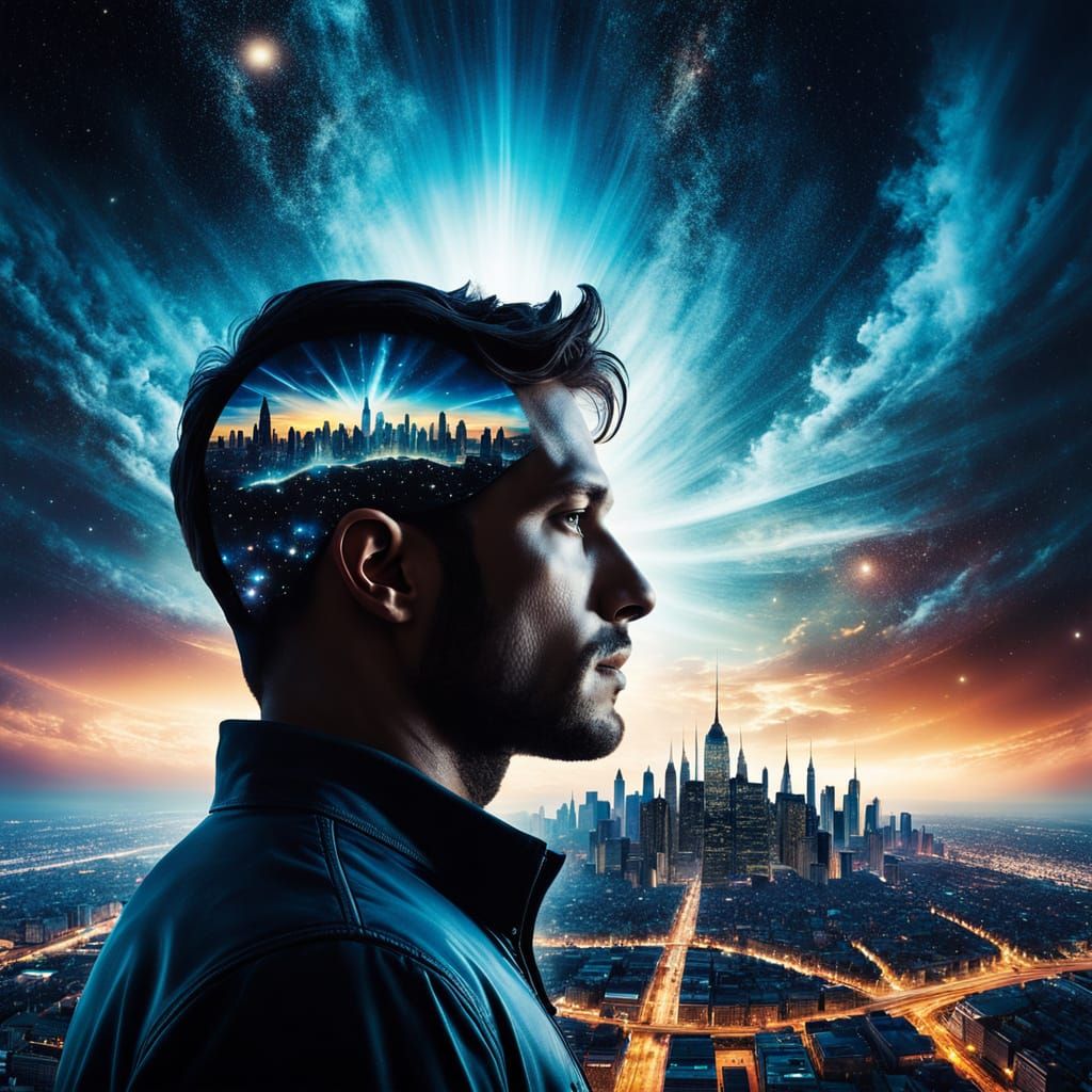 Surreal double exposure of a man's silhouette forming a dreamlike cityscape