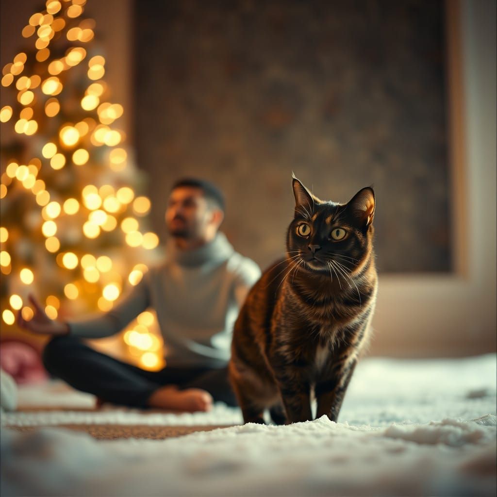 Serene Tortoiseshell Cat Watches Yoga in Christmas Glow
