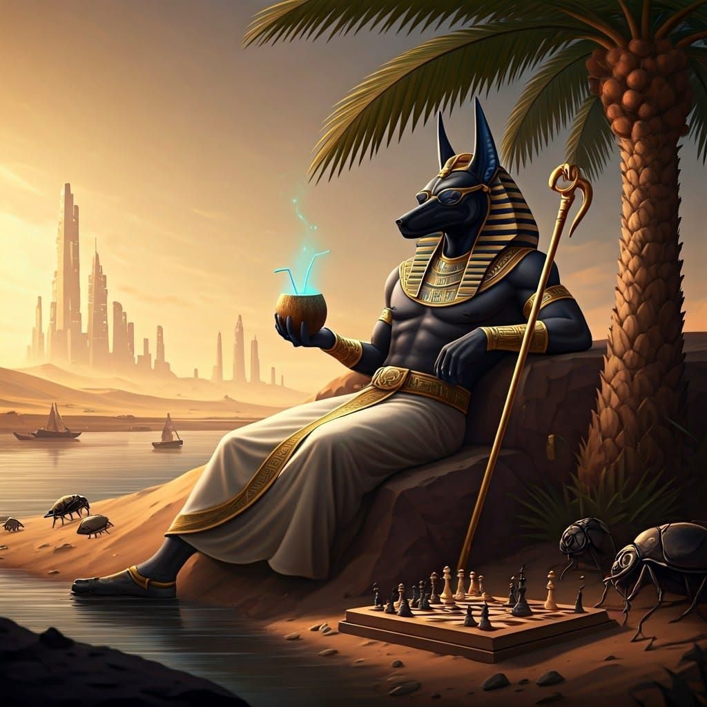 Anubis, the jackal-headed god, casually lounges by the Nile's edge, wearing sleek sunglasses and sipping a glowing blue ...
