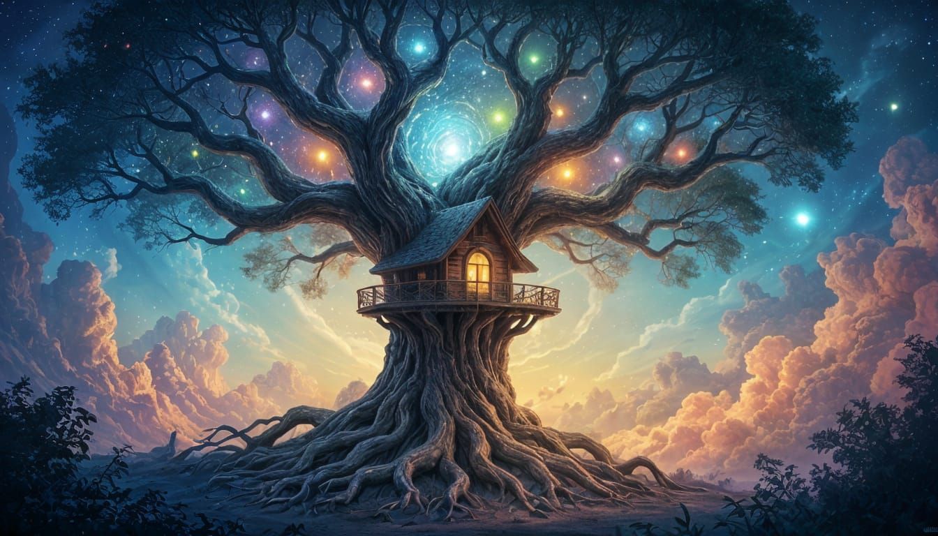 Ancient Cosmic Tree with Treehouse in Ethereal Fantasy Style