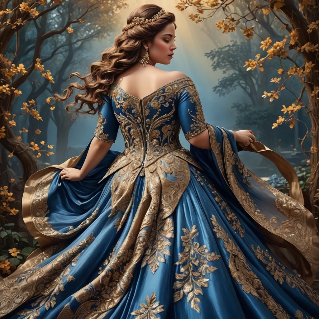 Majestic Woman in Blue Gown, Fantasy Landscape