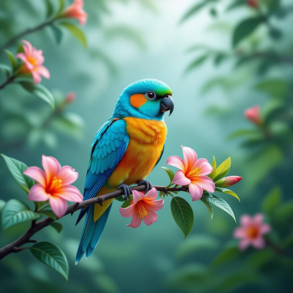 Exotic Parrot in Misty Forest, Digital Painting