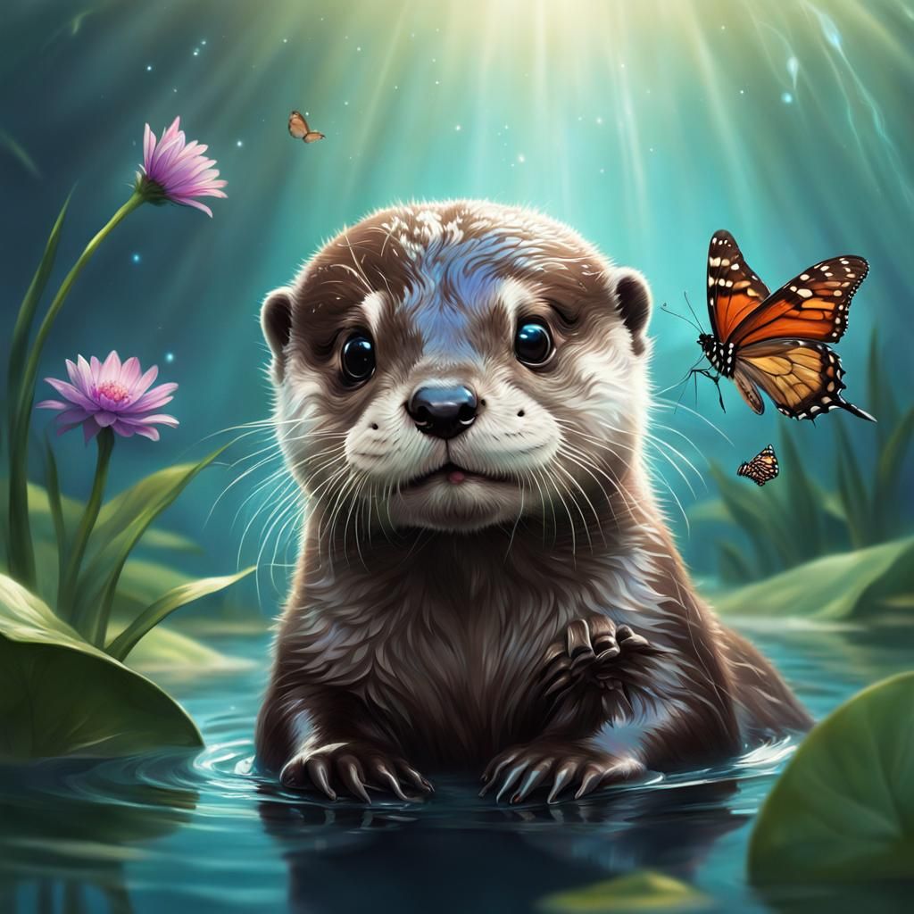 Cute Otter Watches Butterfly in Epic Futurism