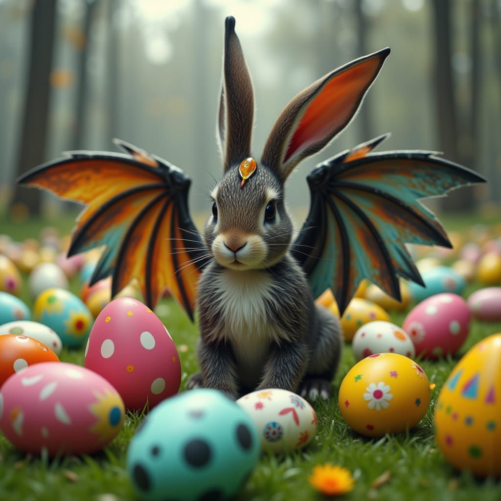 Easter Bunny Dragon Soars in a Vibrant Meadow