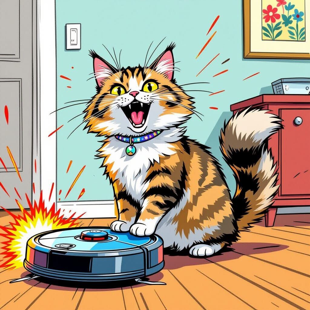Cat Hisses at Robot Vacuum in Vibrant Illustration