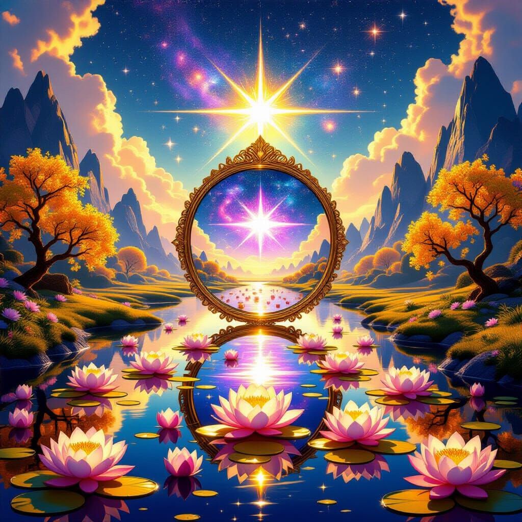 Radiant Divine Landscape with Crystal Palaces and Golden Lot...